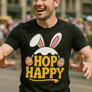 "Hop Happy" black easter tee shirts for adults - a easter basket ideas for horse lovers