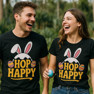 Person wearing the black easter tee shirts for adults graphic tee - "Hop Happy" design