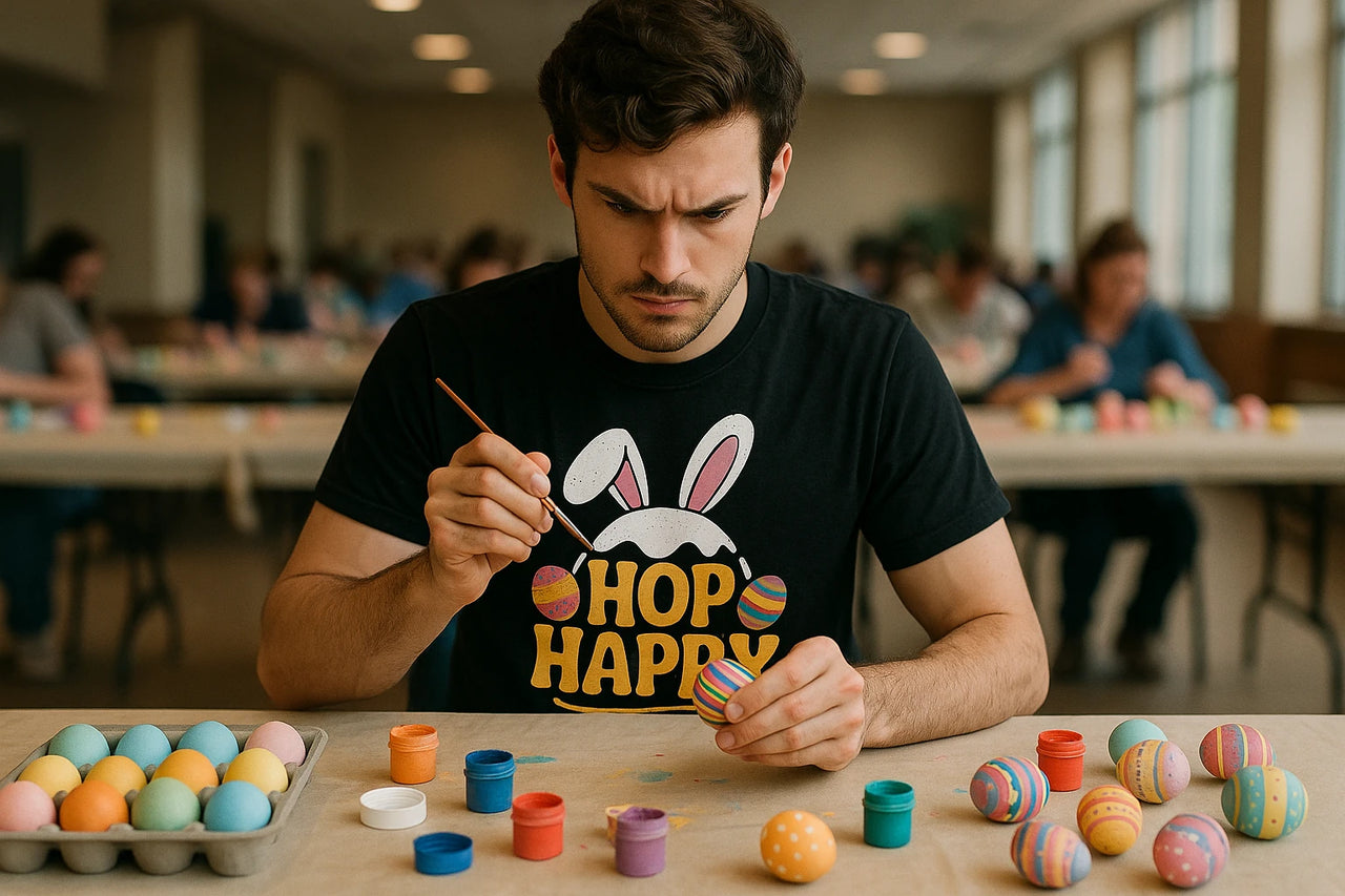 A person with dark hair is focused on painting an Easter egg at a table. In front of them are various colorful paint pots and decorated eggs. They are wearing a black T-shirt with a bunny ears graphic and the text "HOP HAPPY." In the background, other people are also engaged in egg painting.