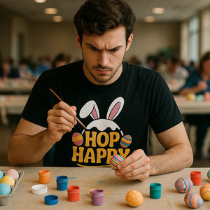 Lifestyle shot of the "Hop Happy" black easter tee shirts for adults in a real-world setting