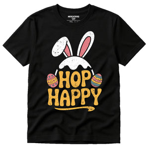 Black Easter Tee Shirts For Adults - "Hop Happy" graphic tee with gold print, flat lay product photo