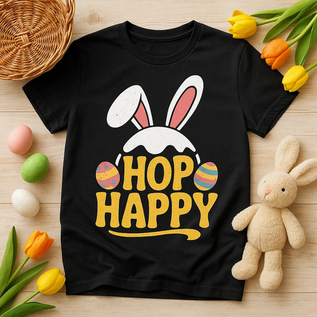 A black t-shirt is laid flat with a design featuring bunny ears and colorful Easter eggs around the words "HOP HAPPY." Surrounding the shirt are brightly colored eggs and a soft plush bunny. Tulips in yellow and orange are placed decoratively on a wooden surface, creating a festive Easter theme.