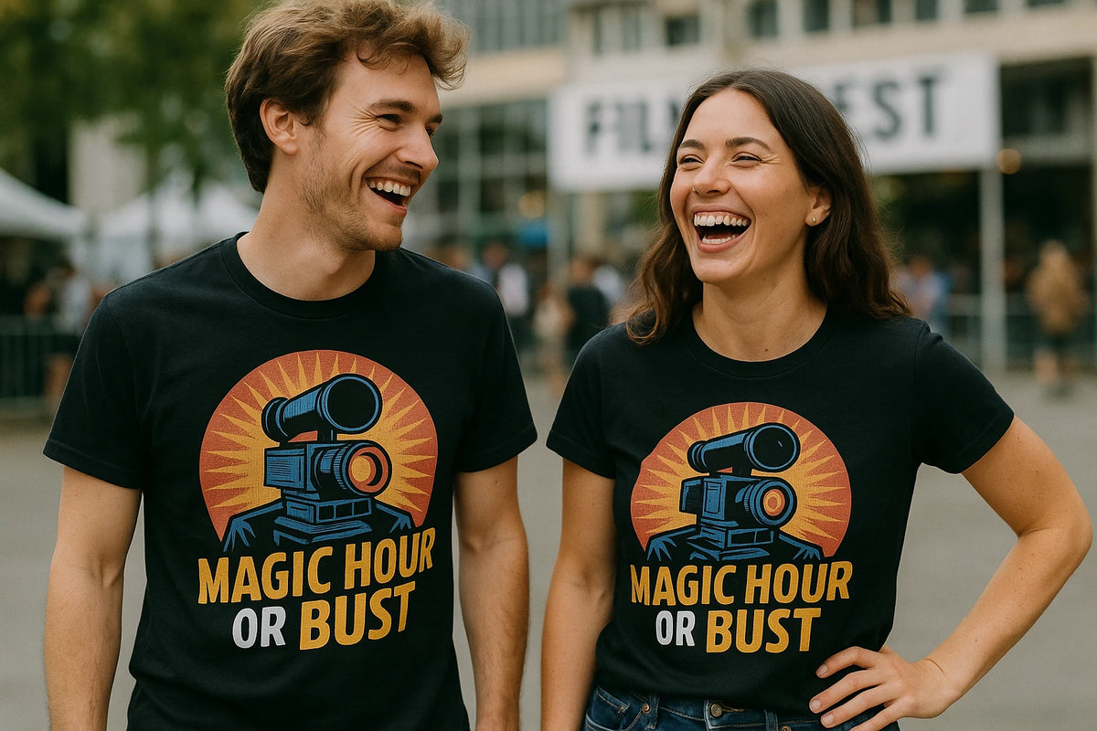 Person wearing the black film director t shirt graphic tee - "Magic Hour Or Bust" design