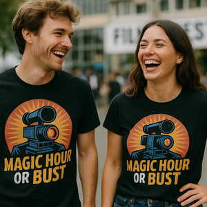 Person wearing the black film director t shirt graphic tee - "Magic Hour Or Bust" design