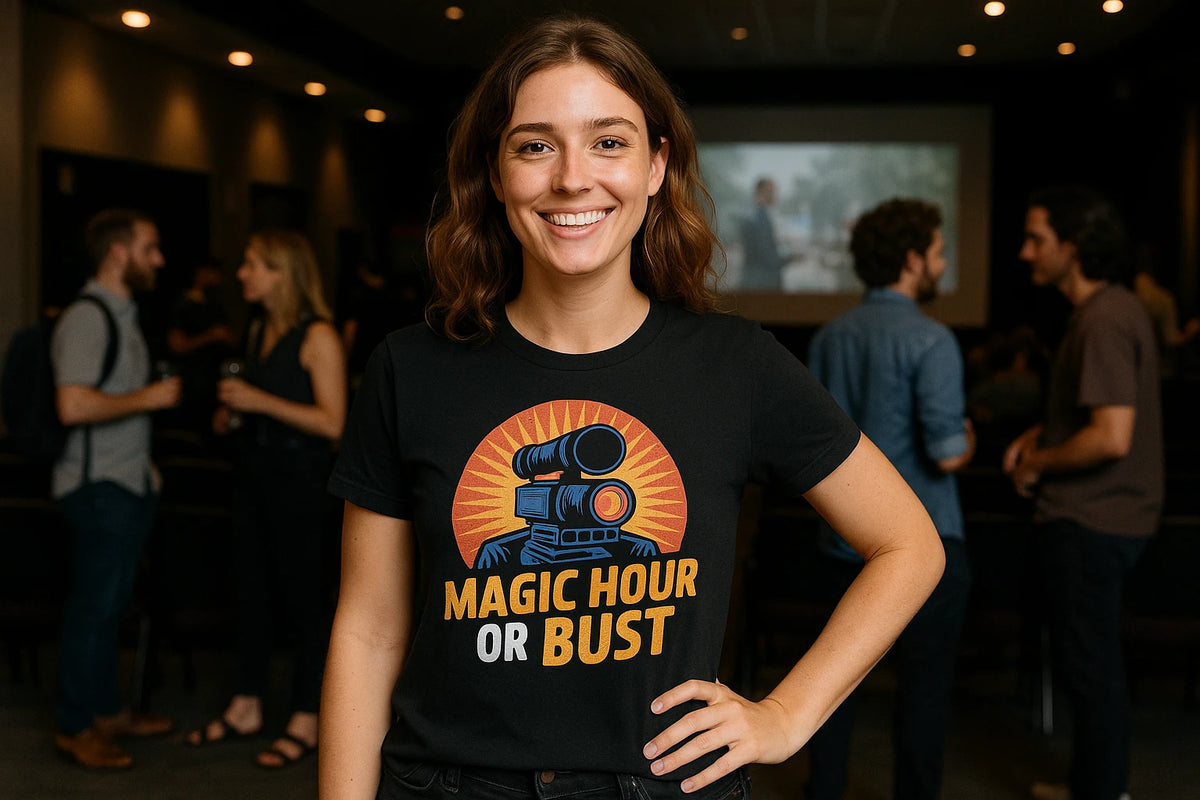 Lifestyle shot of the "Magic Hour Or Bust" black film director t shirt in a real-world setting