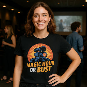 Lifestyle shot of the "Magic Hour Or Bust" black film director t shirt in a real-world setting