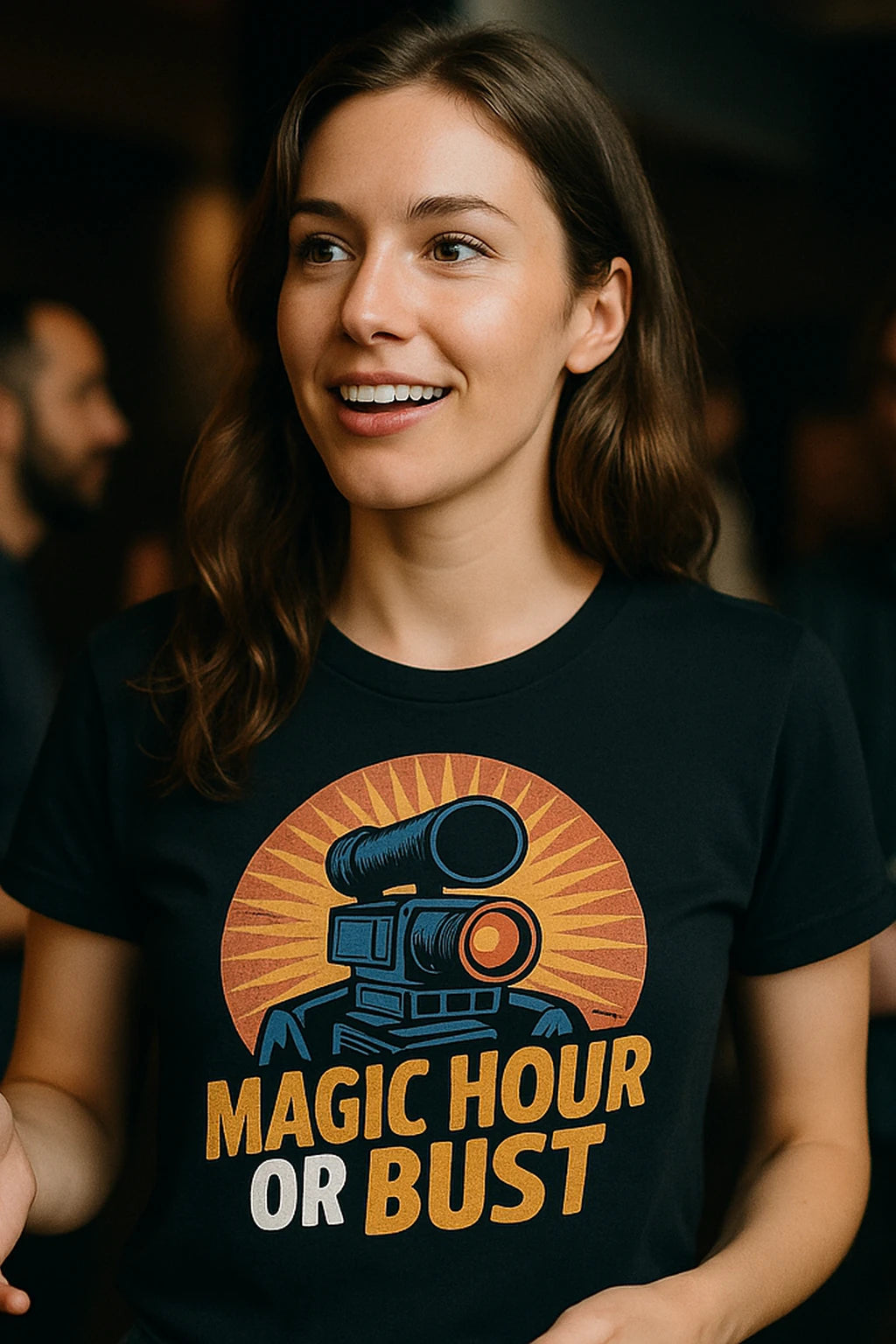 "Magic Hour Or Bust" black film director t shirt, photographed as film director lover gift