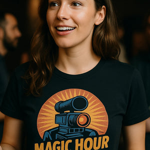 "Magic Hour Or Bust" black film director t shirt, photographed as film director lover gift