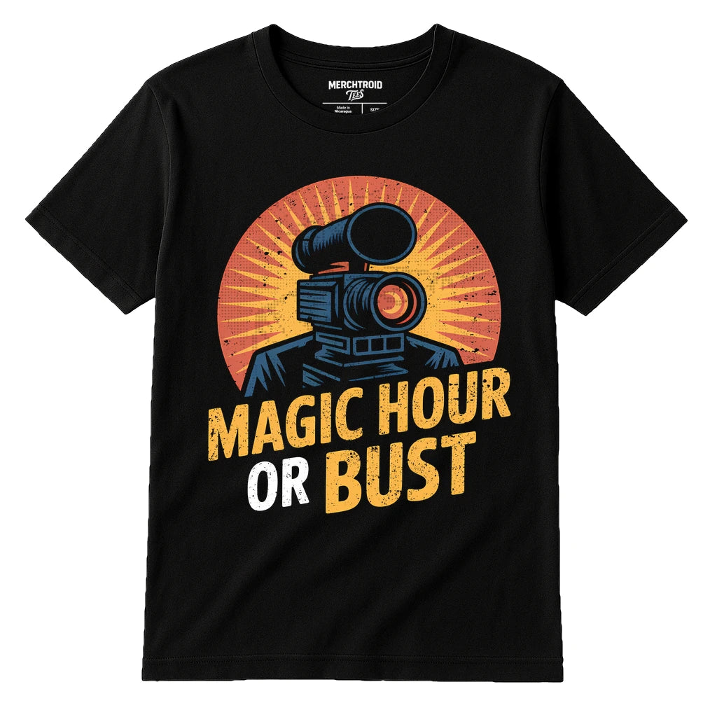 Black Film Director T Shirt - "Magic Hour Or Bust" graphic tee with gray print, flat lay product photo