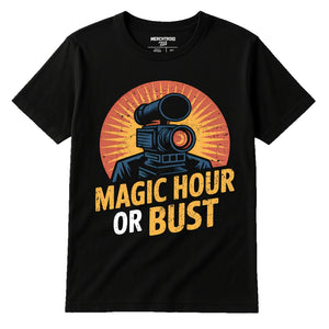 Black Film Director T Shirt - "Magic Hour Or Bust" graphic tee with gray print, flat lay product photo