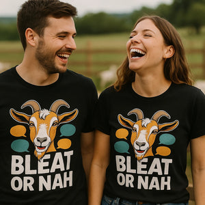 Person wearing the black easily distracted by goats t shirt graphic tee - "Bleat Or Nah" design