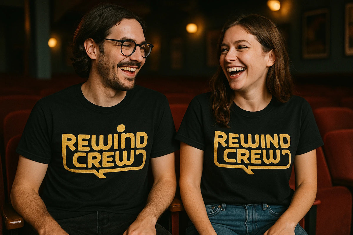 Person wearing the black graphic tee graphic tee - "Rewind Crew" design