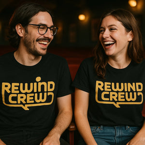 Person wearing the black graphic tee graphic tee - "Rewind Crew" design