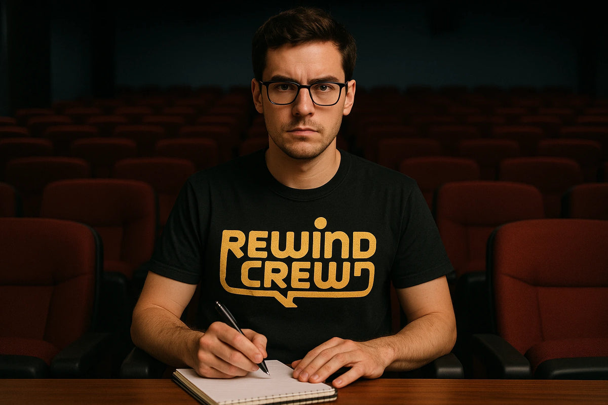 Lifestyle shot of the "Rewind Crew" black graphic tee in a real-world setting