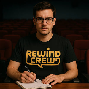 Lifestyle shot of the "Rewind Crew" black graphic tee in a real-world setting