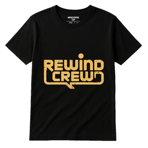 Black Graphic Tee - "Rewind Crew" graphic tee with tan print, flat lay product photo