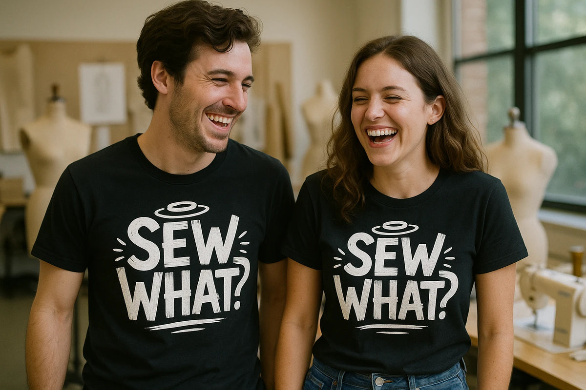 Person wearing the black fashion designer t shirt graphic tee - "Sew What" design