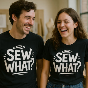 Person wearing the black fashion designer t shirt graphic tee - "Sew What" design