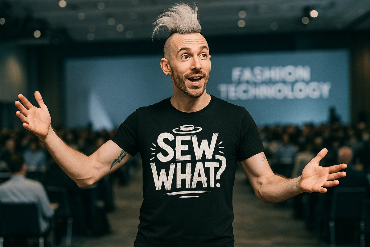 Lifestyle shot of the "Sew What" black fashion designer t shirt in a real-world setting