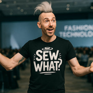 Lifestyle shot of the "Sew What" black fashion designer t shirt in a real-world setting