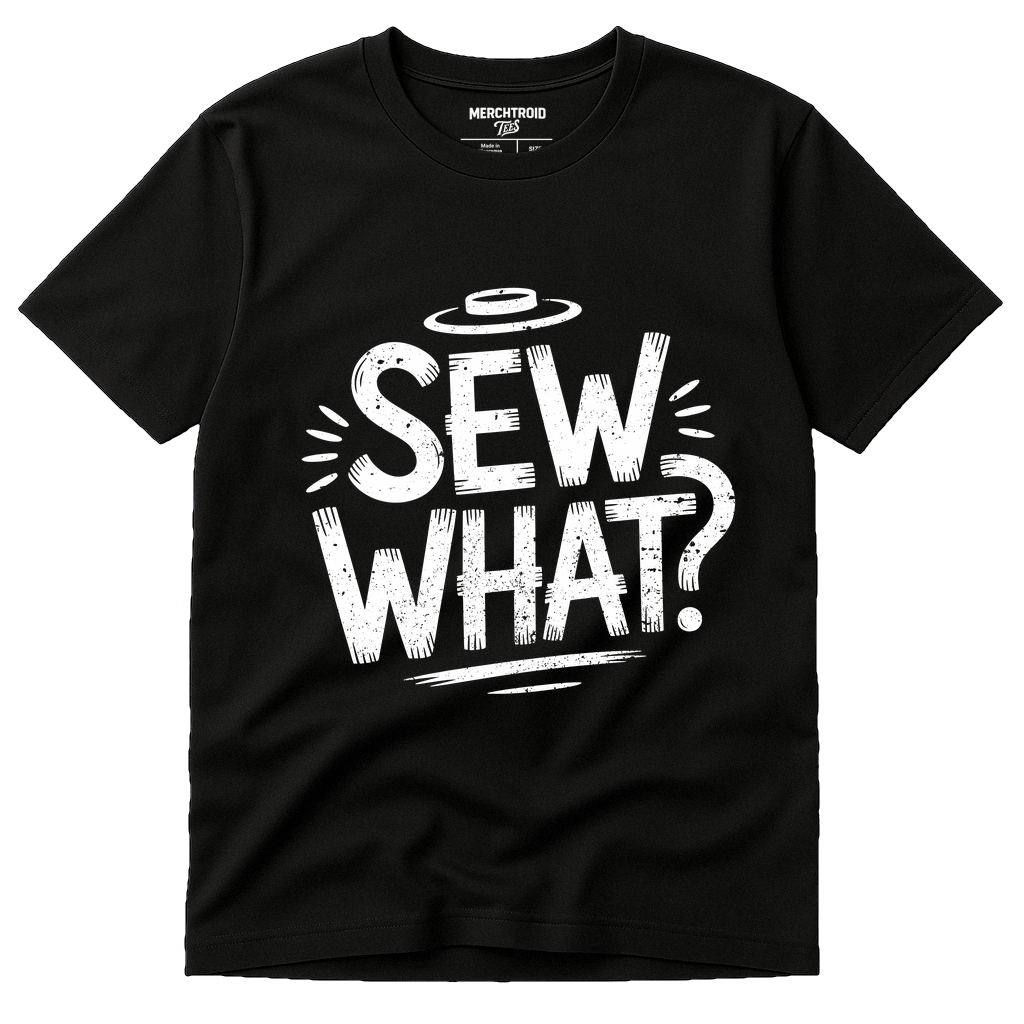 Black Fashion Designer T Shirt - "Sew What" graphic tee with white print, flat lay product photo