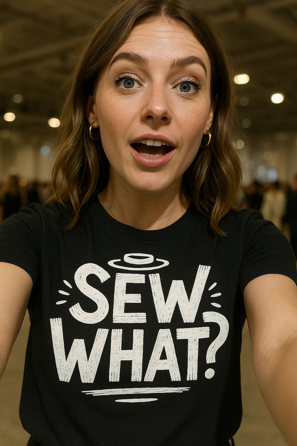 "Sew What" black fashion designer t shirt, photographed as fashion designer gift