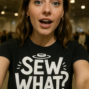 "Sew What" black fashion designer t shirt, photographed as fashion designer gift