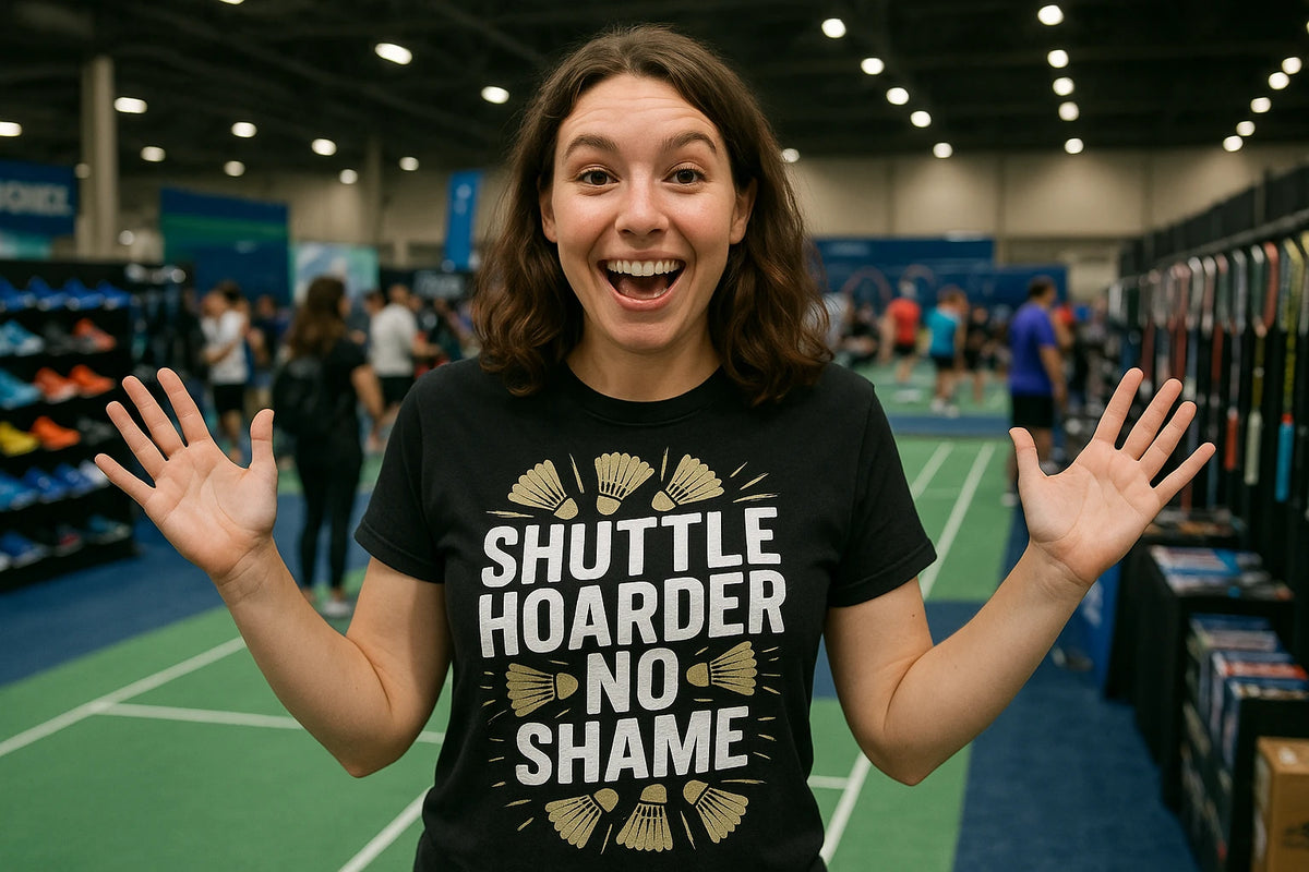 Lifestyle shot of the "Shuttle Hoarder No Shame" black badminton t shirt in a real-world setting