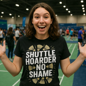 Lifestyle shot of the "Shuttle Hoarder No Shame" black badminton t shirt in a real-world setting