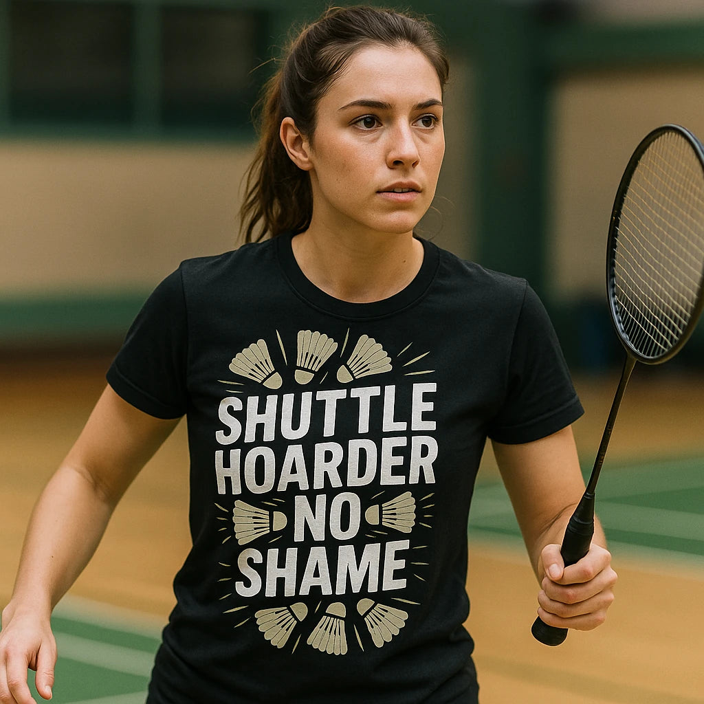 "Shuttle Hoarder No Shame" badminton t shirt - product photo 9