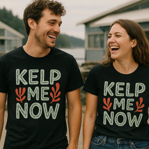 Person wearing the black marine biology shirts graphic tee - "Kelp Me Now" design