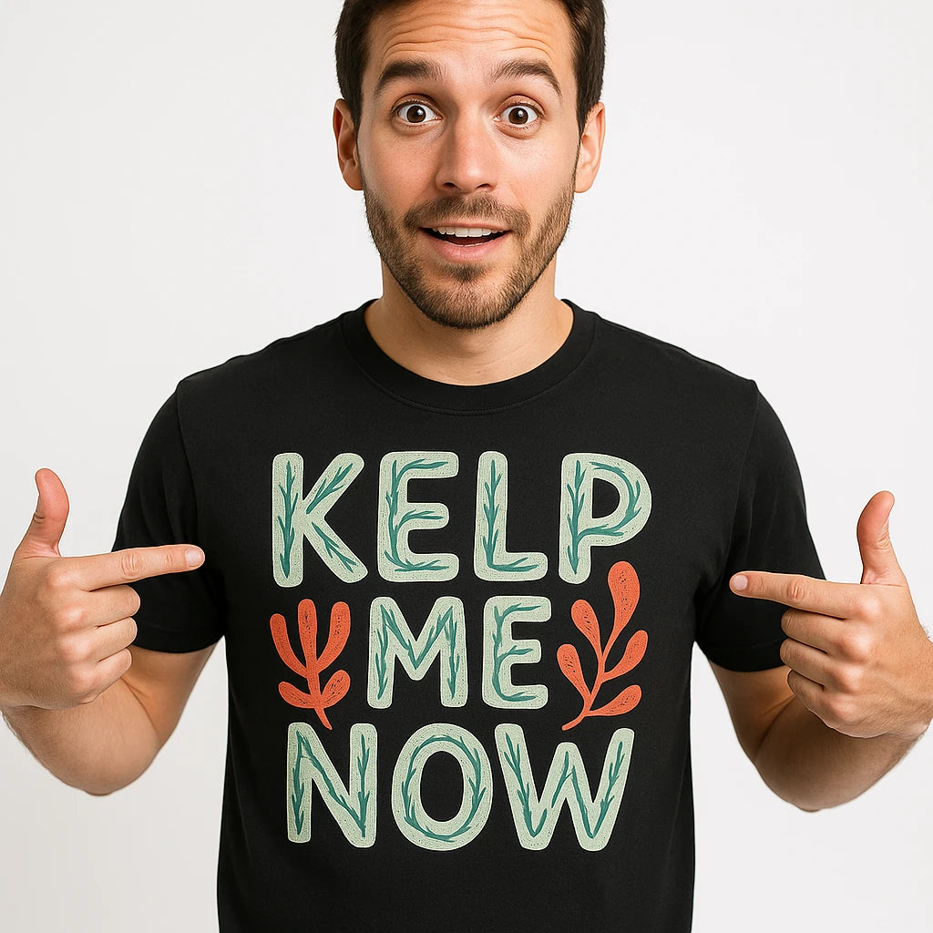 Close-up of the "Kelp Me Now" light gray print on a premium Bella+Canvas black marine biology shirts