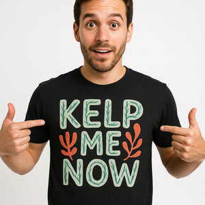 Close-up of the "Kelp Me Now" light gray print on a premium Bella+Canvas black marine biology shirts