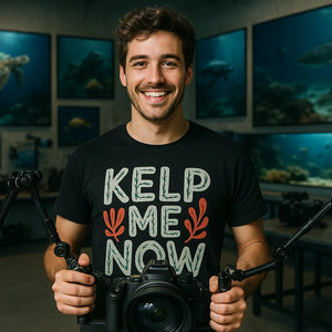 Lifestyle shot of the "Kelp Me Now" black marine biology shirts in a real-world setting