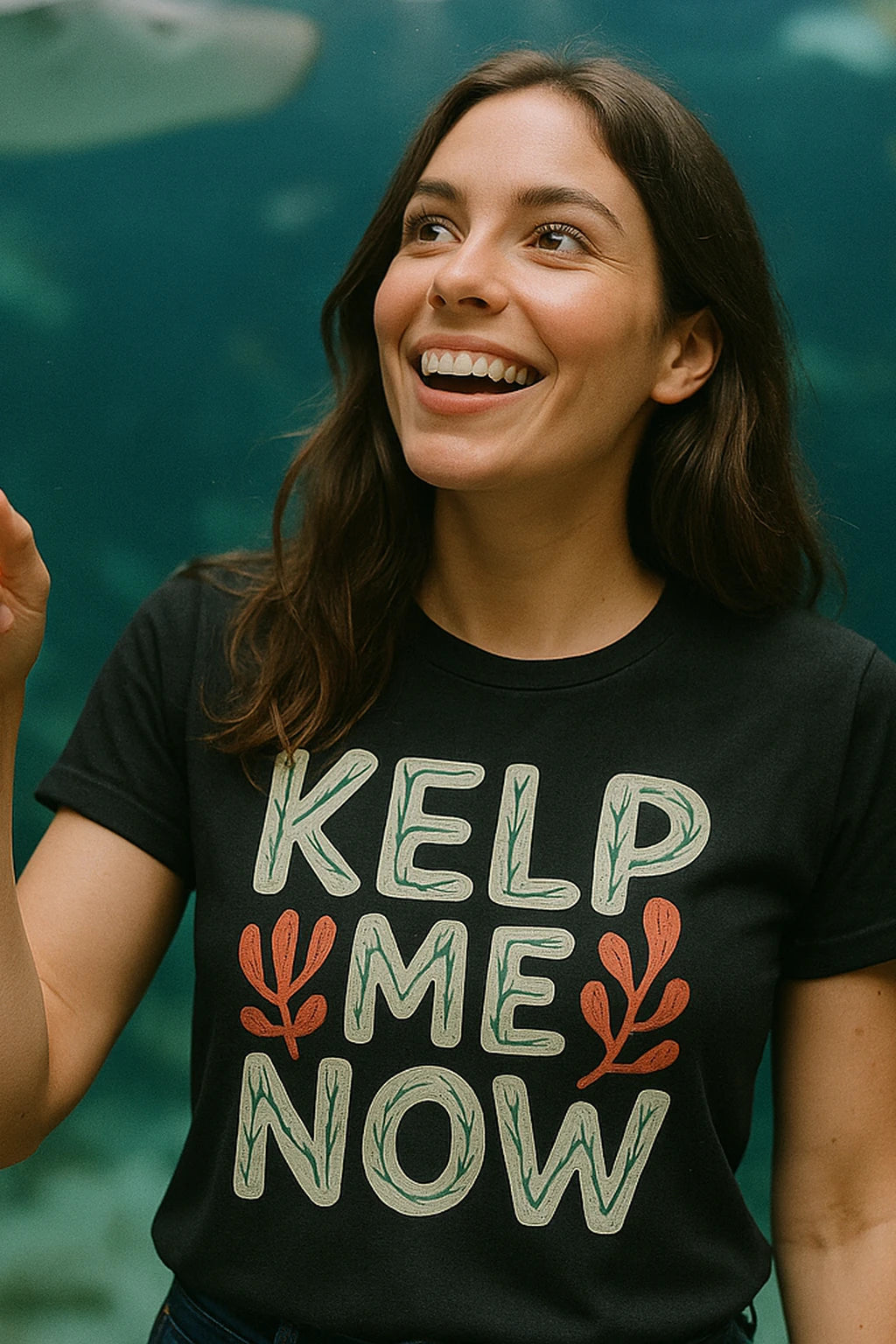 "Kelp Me Now" black marine biology shirts, photographed as marine biology lover gift