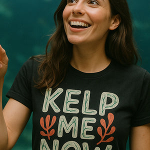 "Kelp Me Now" black marine biology shirts, photographed as marine biology lover gift