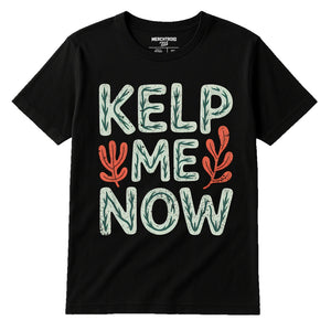 Black Marine Biology Shirts - "Kelp Me Now" graphic tee with light gray print, flat lay product photo