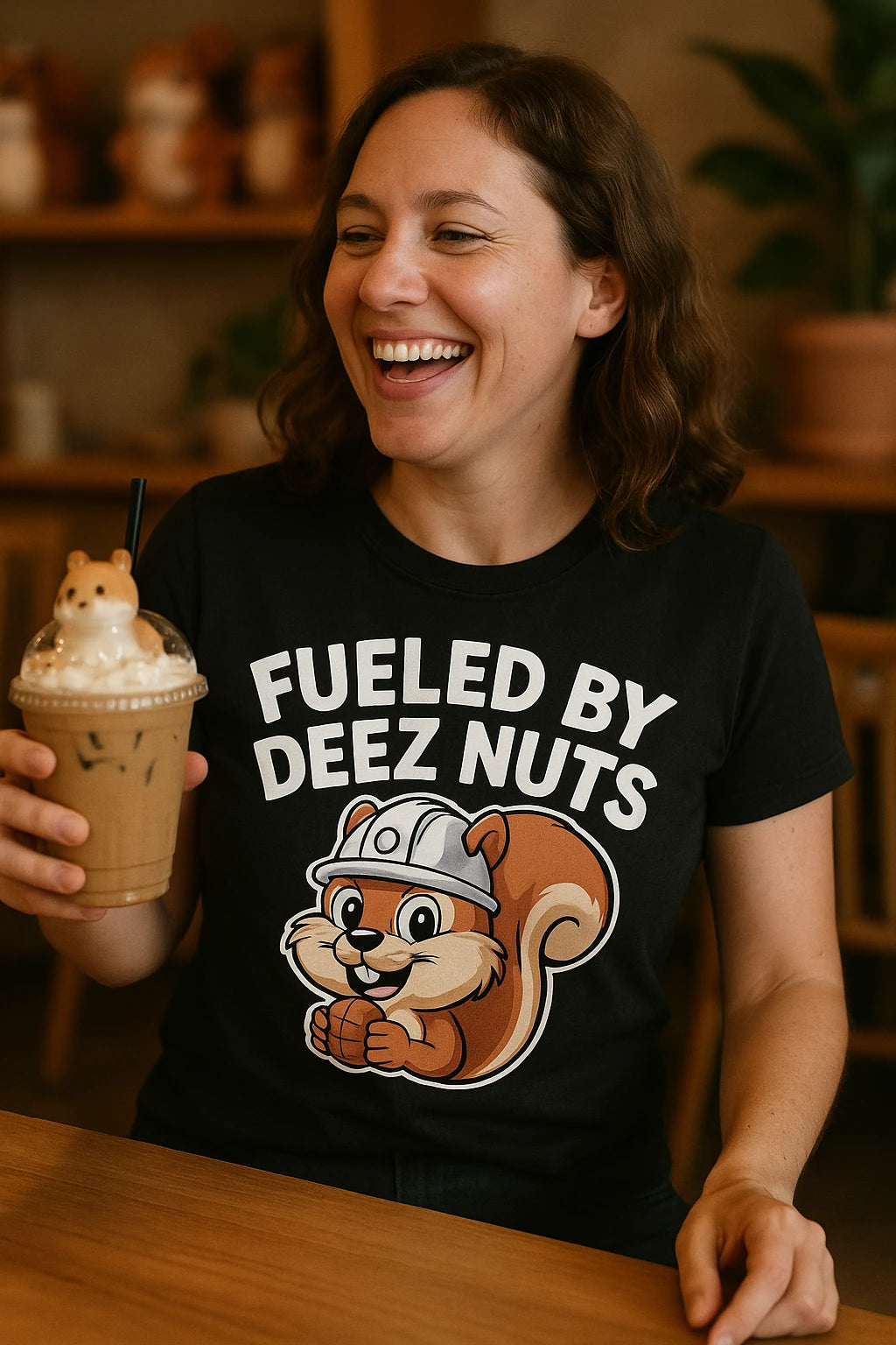 "Fueled By Deez Nuts" black t shirt with squirrel, photographed as unique gifts for squirrel lovers