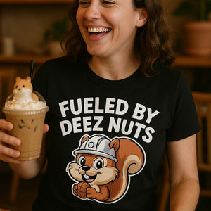 "Fueled By Deez Nuts" black t shirt with squirrel, photographed as unique gifts for squirrel lovers