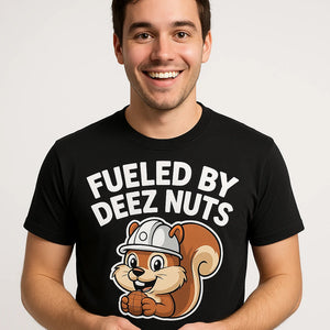 Close-up of the "Fueled By Deez Nuts" white print on a premium Bella+Canvas black t shirt with squirrel