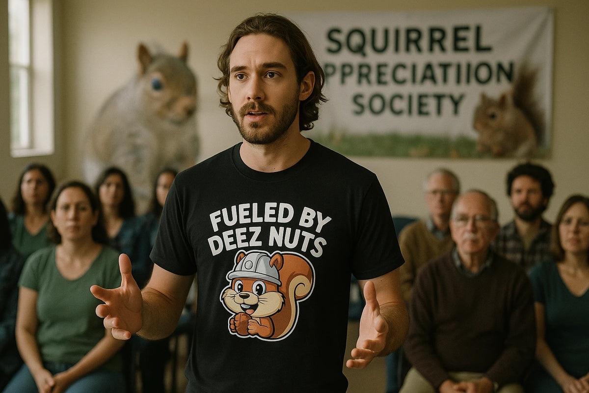 Lifestyle shot of the "Fueled By Deez Nuts" black t shirt with squirrel in a real-world setting