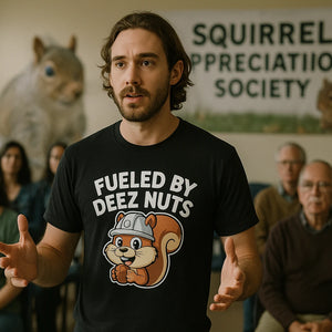 Lifestyle shot of the "Fueled By Deez Nuts" black t shirt with squirrel in a real-world setting