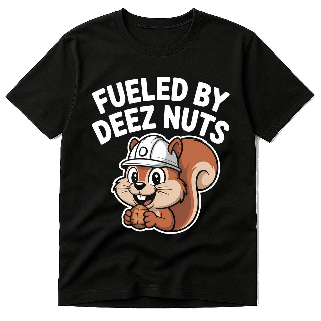 Black T Shirt With Squirrel - "Fueled By Deez Nuts" graphic tee with white print, flat lay product photo