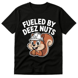 Black T Shirt With Squirrel - "Fueled By Deez Nuts" graphic tee with white print, flat lay product photo