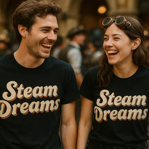 Person wearing the black steampunk graphic tee graphic tee - "Steam Dreams" design