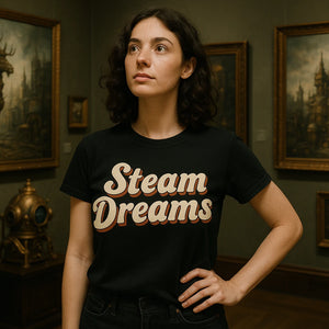 Lifestyle shot of the "Steam Dreams" black steampunk graphic tee in a real-world setting