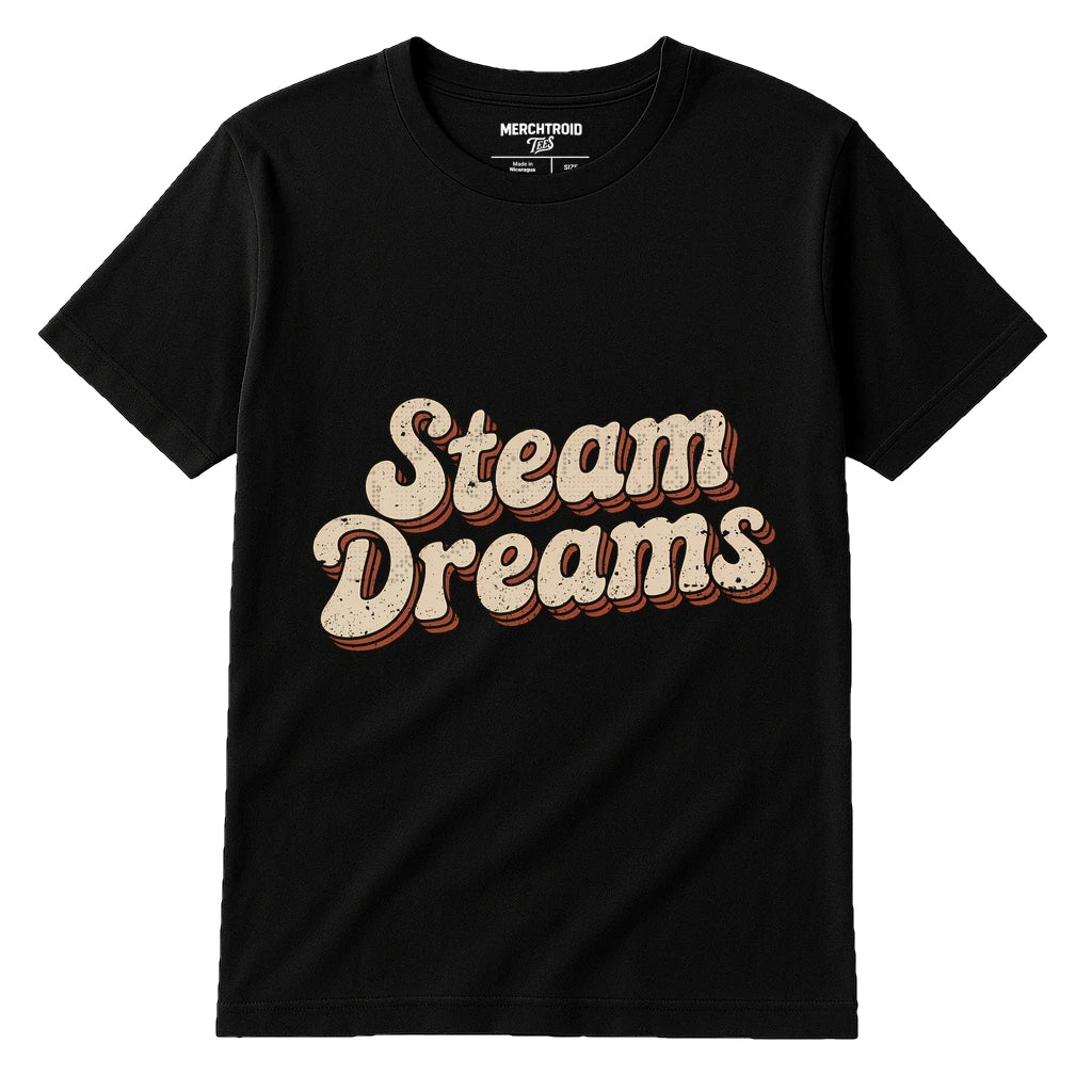 Black Steampunk Graphic Tee - "Steam Dreams" graphic tee with beige print, flat lay product photo