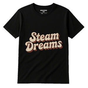 Black Steampunk Graphic Tee - "Steam Dreams" graphic tee with beige print, flat lay product photo