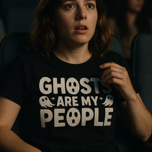 "Ghosts Are My People" black paranormal shirts, photographed as gifts for paranormal lovers