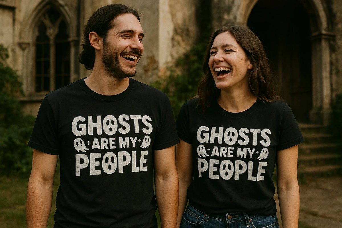 Person wearing the black paranormal shirts graphic tee - "Ghosts Are My People" design